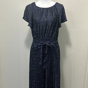 Free Assembly pullover polka dot dress, pleated skirt, midi length, sash belt, M